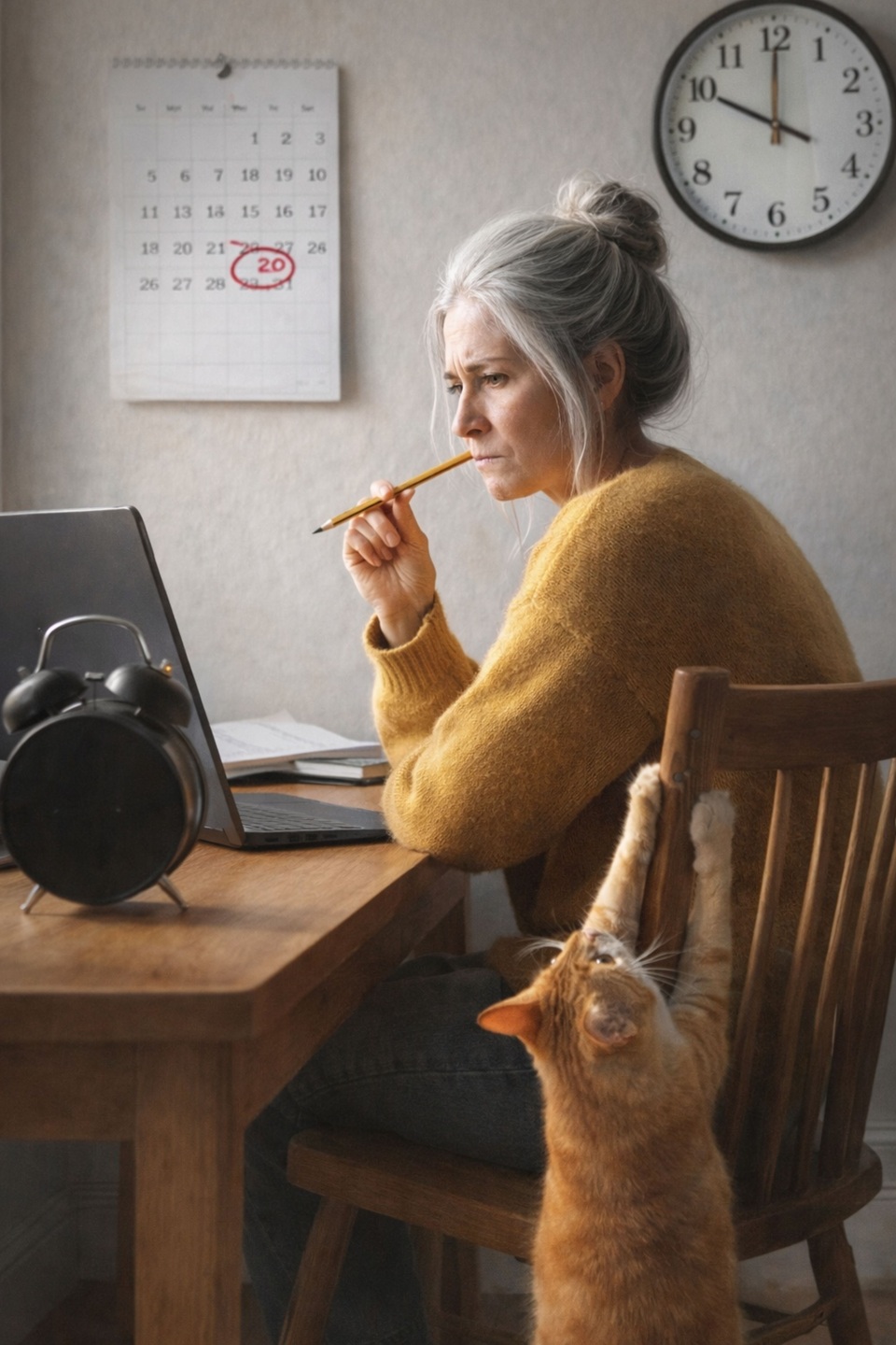 Eine besorgte Teilnehmerin der Lektorenausbildung sitzt in ihrem Homeoffice. An der Wand hängt ein Kalender, an dem das baldinge Enddatum der Ausbildung angezeigt ist. Ihre Katze will spielen, der angehenden Lektorin ist aber gar nicht danach. Sie gerät unter Zeitdruck. Mit KI erstellt.